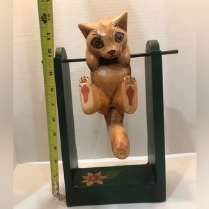 Handmade in France. Wood cat swings on dowel.